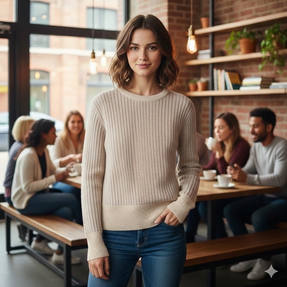 OAK + FORT Sweaters - Frank + Oak Women's Neutral Minimalist Cream Ribbed Knit Crewneck Swetaer Size S